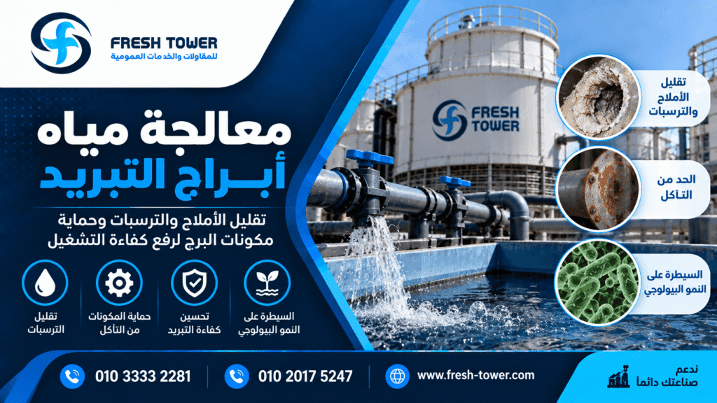 معالجة مياه أبراج التبريد في مصر | تقليل الأملاح وحماية مكونات البرج