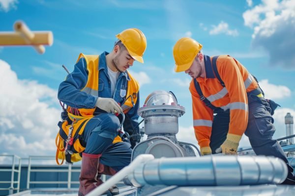 Professional crew in uniform working together to change pipes for a cooling tower on a building roof, showcasing ultimate teamwork. 16061343 01 Professional crew in uniform working together to change pipes for a cooling tower on a building roof, showcasing ultimate teamwork with super details in ultra high definition 8K --ar 16:9 Job ID: 0c63c17a-6230-41fa-9303-3113382a774c